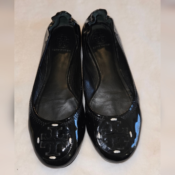 Tory Burch Minnie Ballet Flat Patent Black Leather Shoes Logo Size 8M - Picture 5 of 16